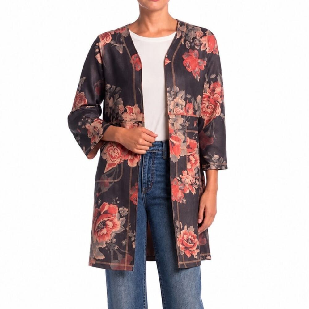 Anthropologie Solitaire Floral Vegan Faux Suede Longline Jacket SIZE M